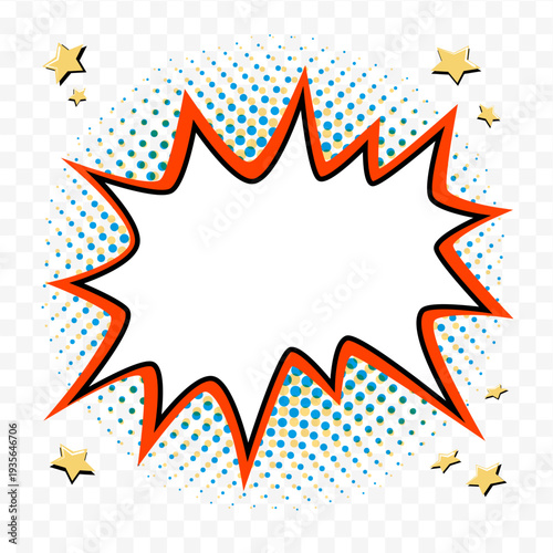blank starburst shape with orange burst outline, blue and yellow halftone dots and small star accents in retro pop art vector style. Starburst shape sticker for sale banners and promo labels