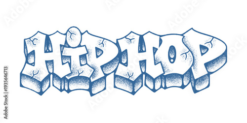 Hip Hop Graffiti Throw Up Design in Blue and White Old School Style with Pointillism Texture and Urban Music Street Art.
