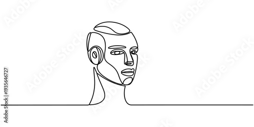 Robotic head continuous one line drawing, AI artificial intelligence and digital technology brain data robot conceptual. humanoid face line art. continuous line drawing sketch