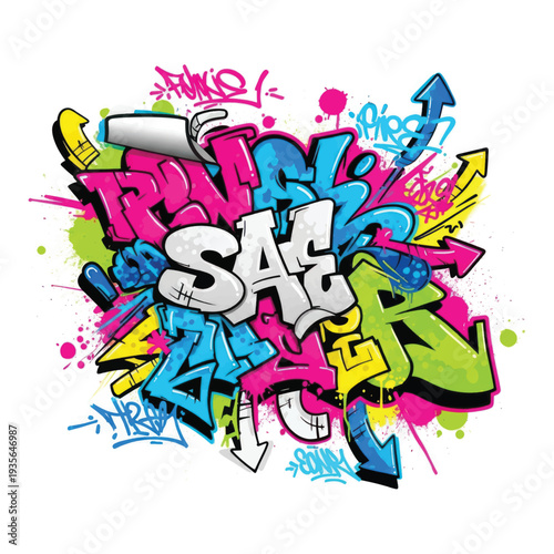 Colorful urban graffiti mural with bold dynamic lettering and arrows.