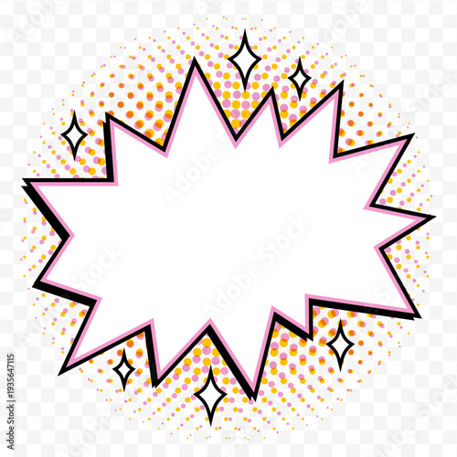 Comic starburst shape with blank center, sparkle accents in retro pop art vector style on transparent background. Starburst shape burst sticker for promo banners and sale labels.
