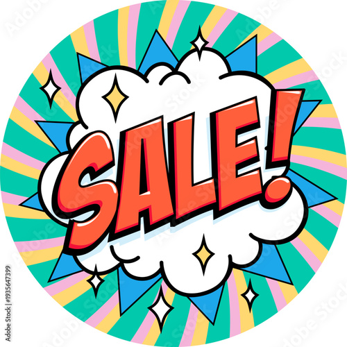 Round sale badge in comic style with red lettering framed by blue spikes and sparkling star accents on a teal spiral background. Bold sticker for shop promotions, seasonal discounts