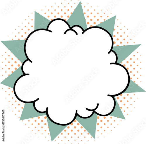 Starburst shape with comic cloud bubble and blank speech frame over green rays and orange halftone background. Retro vector star icon sticker for sale tags, promo badges and comic design