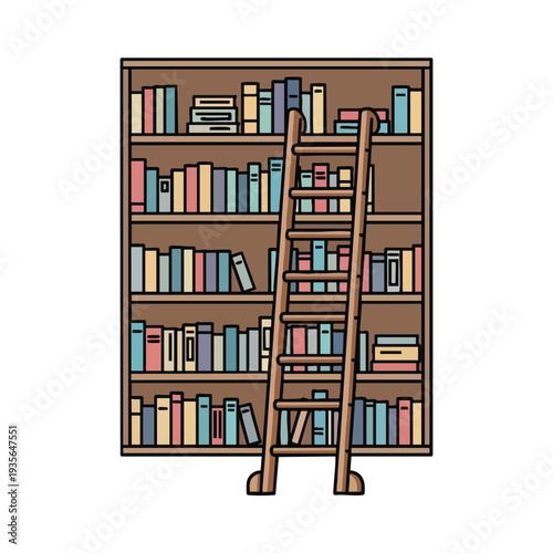 Cozy Home Library with Wooden Bookshelf and Ladder