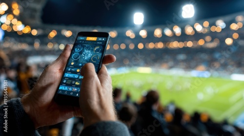 Person interacts with a glowing application interface on a mobile device while attending a nighttime sporting event