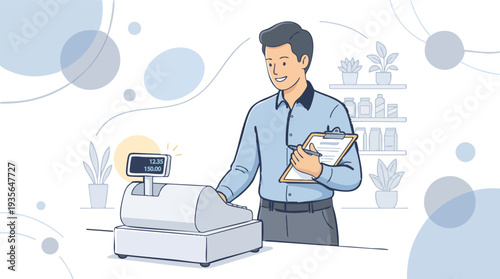 Smiling Male Cashier at Register with Clipboard Vector Illustration