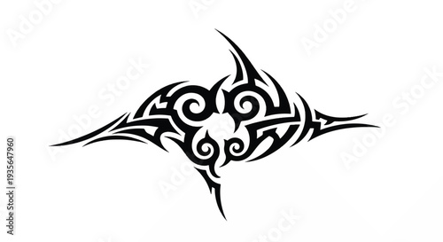 Black symmetrical tribal tattoo design with swirling sharp points and ornate curves.