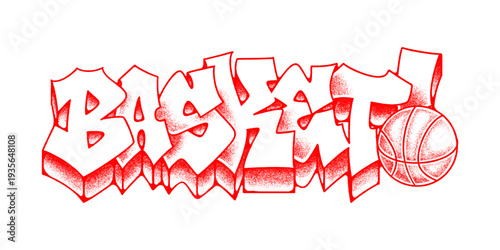 Basketball Graffiti Throw Up Lettering in Red and White Old School Style with Pointillism Texture and Ball Element Vector Illustration.