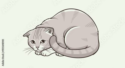 Cartoon cat illustration depicting a curious feline resting in a contemplative pose