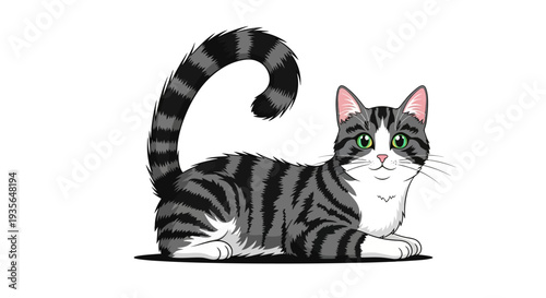 Cartoon cat illustration with striped fur and green eyes on white background