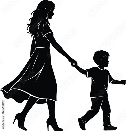 Black silhouette of mother and young son walking together holding hands isolated on white background for family lifestyle graphic design