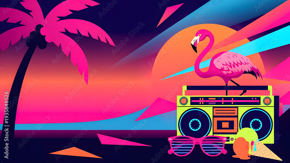 Obraz premium Retro 90s Neon Summer Tropical Beach Party Illustration