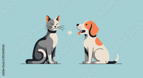 Cartoon cat and dog with heart symbol on blue background friendship concept
