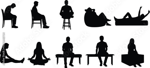 Black silhouette collection of men and women sitting on chairs, benches, lying down, and practicing yoga isolated on white background