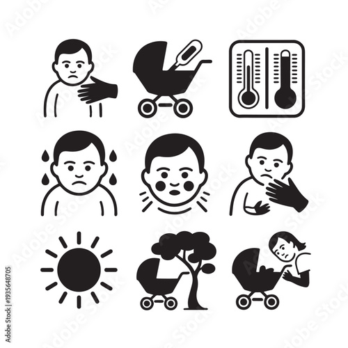 Baby sickness vector icons, kid health illness and disease signs, child fever and cough, newborn danger from sun heat or sweating, baby carriage and crying mother with pram