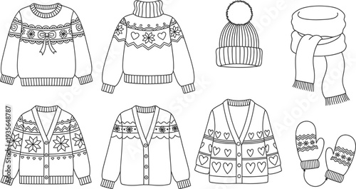 Detailed technical drawings of various knitwear garments and accessories
