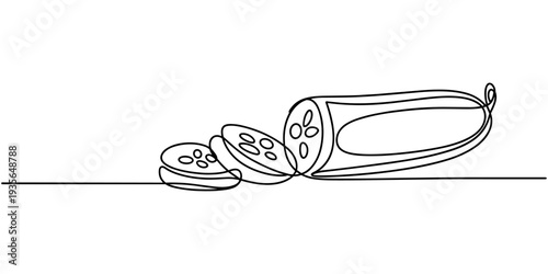 Continuous one line drawing of cucumber with slices, depicting cool freshness and hydration, line art style vector illustration, Single continuous line drawing whole and sliced healthy organic