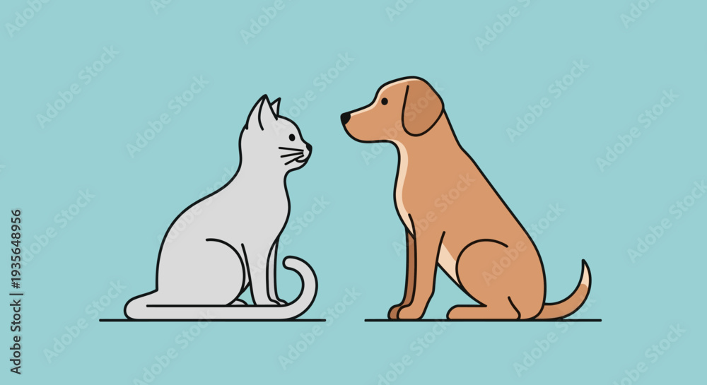 Fototapeta premium Dog and cat facing each other on light blue background illustration