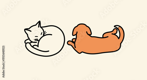 Cartoon cat and dog sleeping resting relaxing minimalist illustration