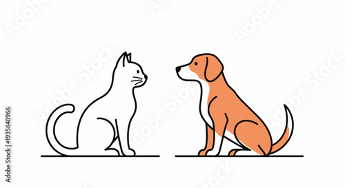 Dog and cat facing each other in minimalist outline illustration on white