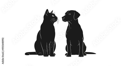 Black cat and dog silhouette facing each other on white background design