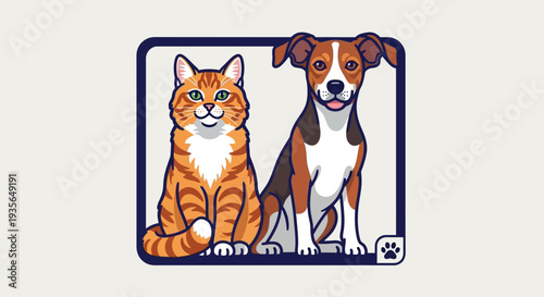 Cartoon cat and dog portrait in frame friendly pet companionship illustration