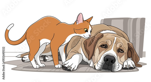 Cat and dog companionship illustration depicting affection and friendship