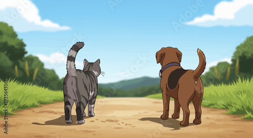 Dog and cat walking together on a sunny day in a natural setting