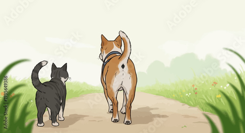 Dog and cat walking together along a path in an animated scene