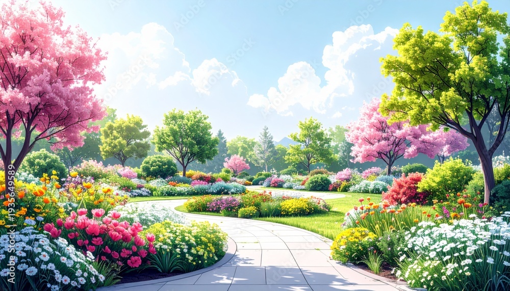 Obraz premium Lush Flower Garden with Pink Trees and Blue Sky in Sunny Day