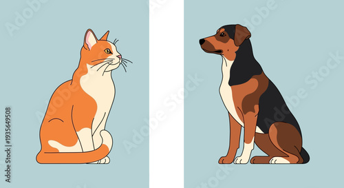 Dog and cat facing each other on light blue background illustration