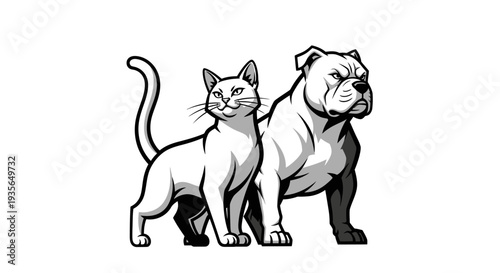Cat and dog illustration black and white depiction of domestic animals