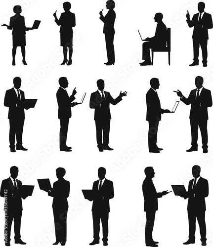 Black Silhouettes of Business Professionals in Office Poses Showing Communication, Presentation, Laptop Use, and Corporate Interaction in Formal Attire