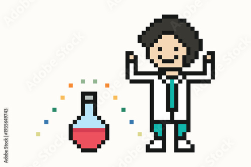Doctor or scientist in uniform medicine specialist cartoon 8bit with hospital,lab,pharmacist.