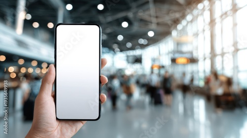 Person holds modern smartphone with blank screen inside bustling transportation hub