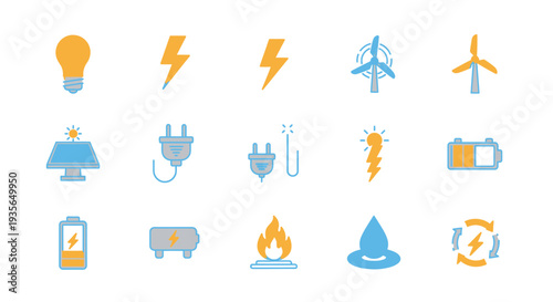 A collection of icons showcasing renewable energy sources and sustainable power concepts
