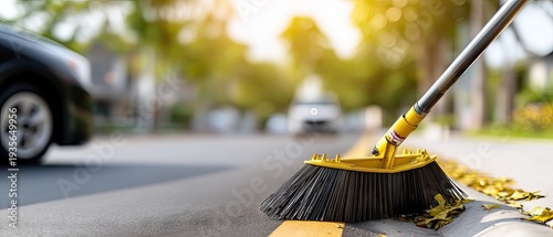 Wallpaper Mural Street sweeping machine cleans urban road on sunny day with green trees and buildings Torontodigital.ca