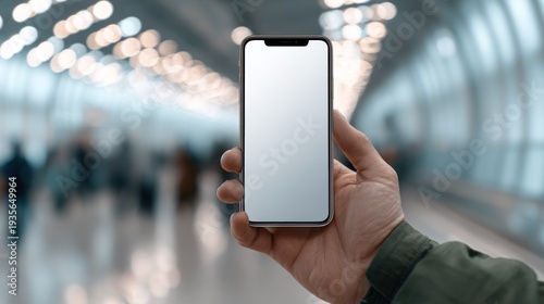Person holding modern mobile device with blank screen in crowded transit walkway