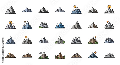 A Collection of Minimalist Mountain Icons with Sun and Nature Elements on a White Backdrop