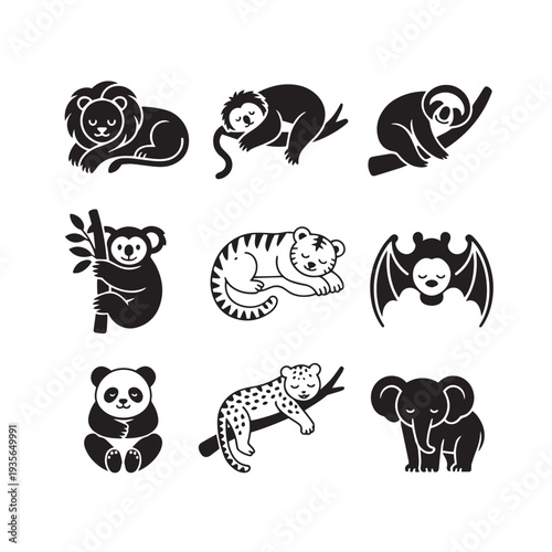 Collection of cute sleeping wild animals black silhouette vector illustration set for safari or jungle theme design