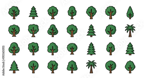 A collection of stylized tree illustrations showcasing different arboreal forms and designs