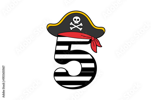 A pirate themed number five illustration with a skull and crossbones