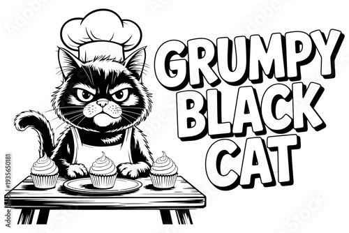 A grumpy black cat wearing a chef hat and apron decorates cupcakes