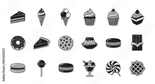 A monochromatic illustration of various desserts and treats perfect for design and usage