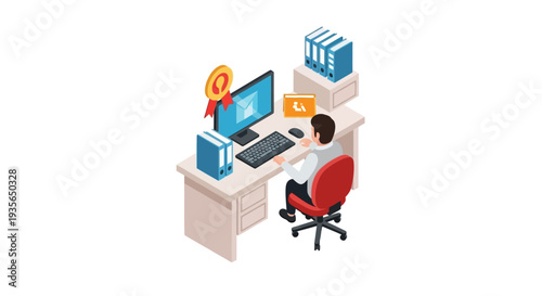 A modern workspace illustration showing a professional engaged in digital tasks and achievements