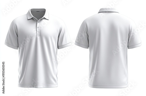A front and back view of a plain white collared polo shirt, isolated on white
