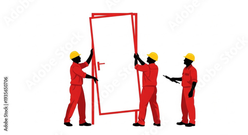 Three Workers Holding Large Red Frame.