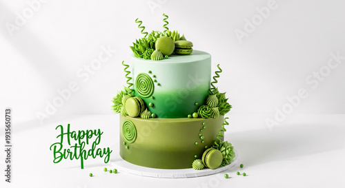 Elegant two-tiered ombré green birthday cake, adorned with delicate macarons and festive accents, featuring a cheerful 'Happy Birthday' message for a joyous celebration