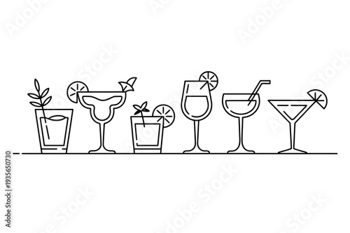 Cocktail icon set with various glasses and garnishes illustration