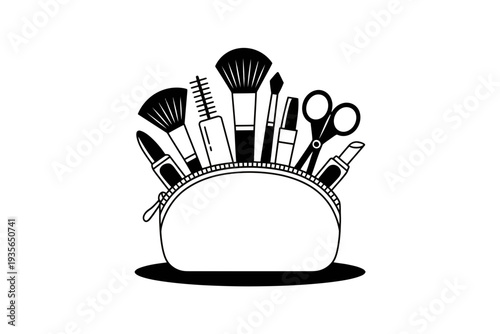 Makeup bag with various beauty tools and cosmetics inside illustration